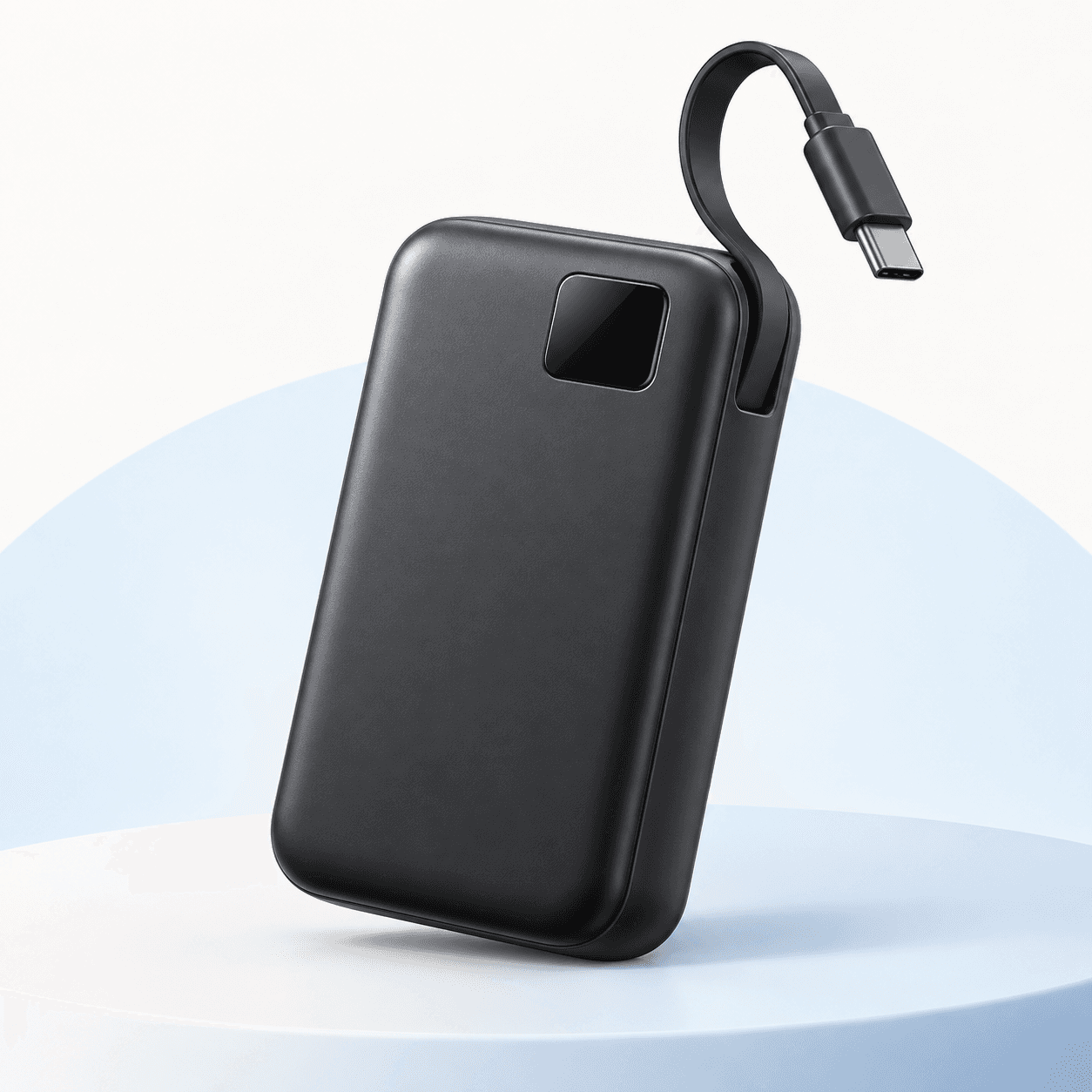 Ilustração de power bank preto e compacto com tela e cabo USB-C embutido