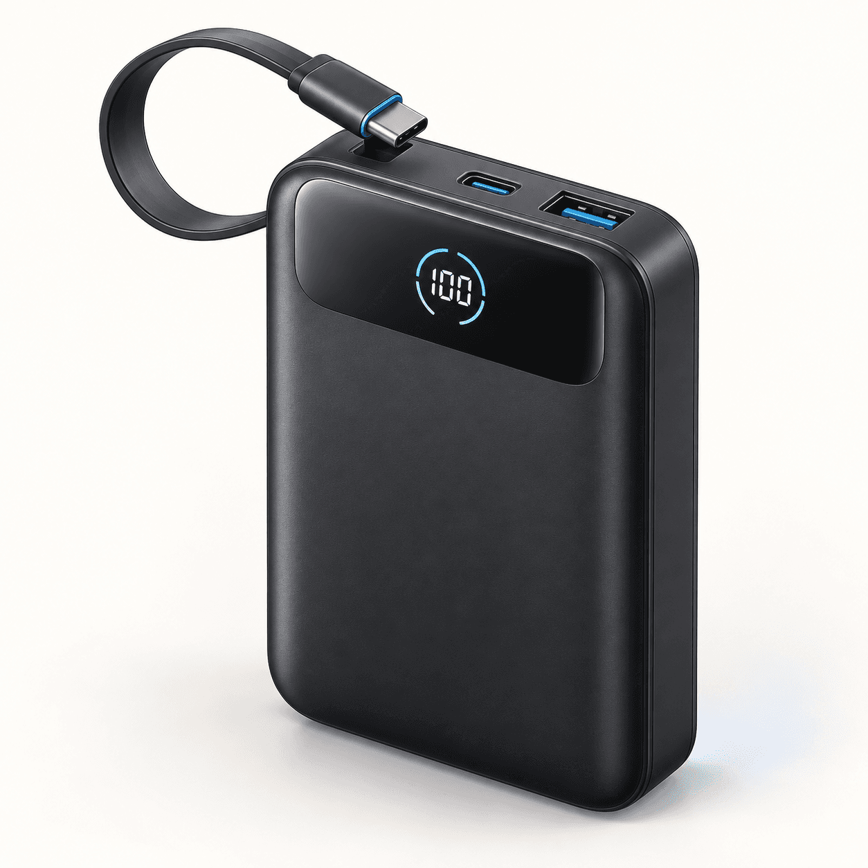 Ilustração de power bank preto com visor digital e cabo USB-C integrado