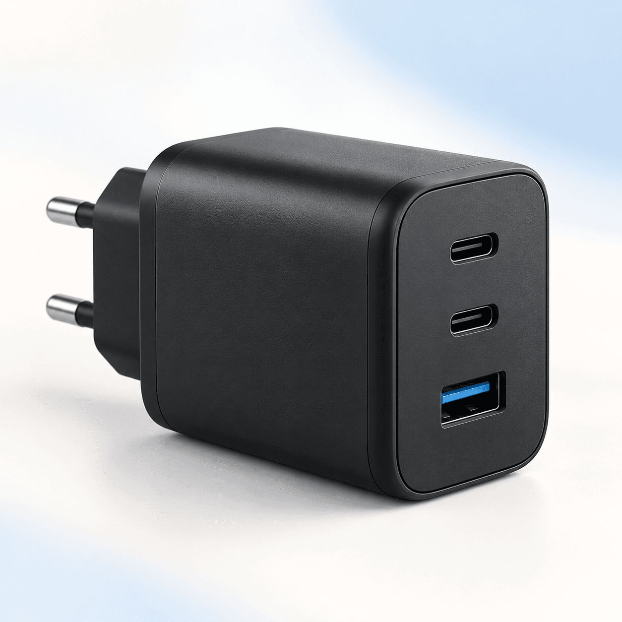 Ilustração de carregador de parede preto com duas portas USB-C e uma USB-A