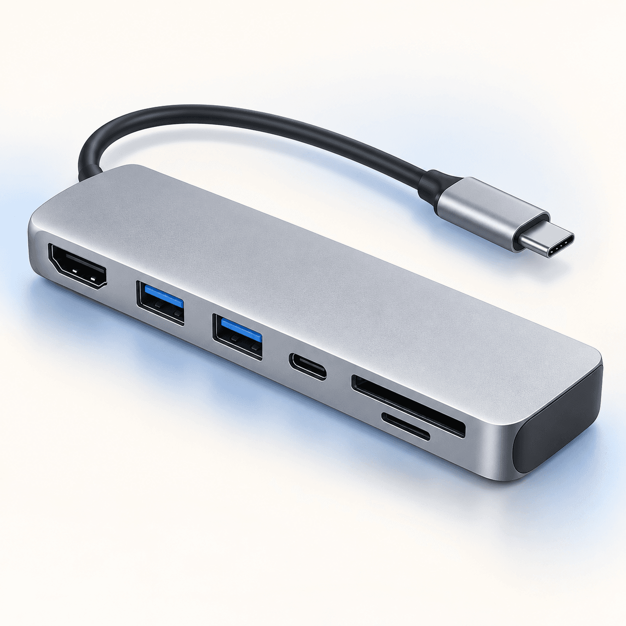 Ilustração de hub USB-C prateado com HDMI, portas USB e leitores de cartão